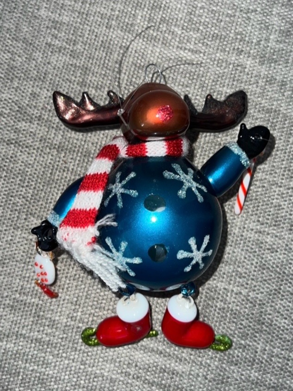 Blue Glass Moose Christmas Ornament with Red Scarf